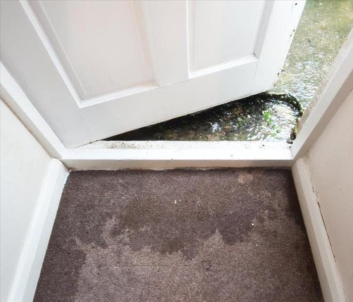 Wet carpet and standing water outside front door.